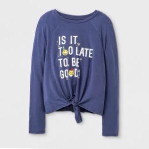 Grayson Social Holiday Emoji Top Girls Size L (10/12) Santa Long Sleeve Tie Knot